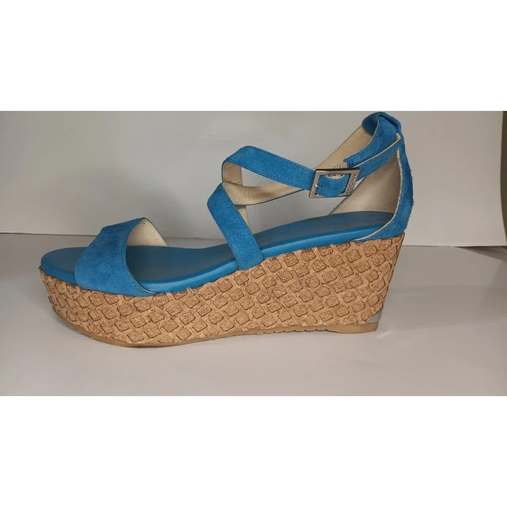 Jimmy Choo Wedge Sandals Blue Suede Cork Espadrilles Made in Spain Size 38 - Picture 11 of 16